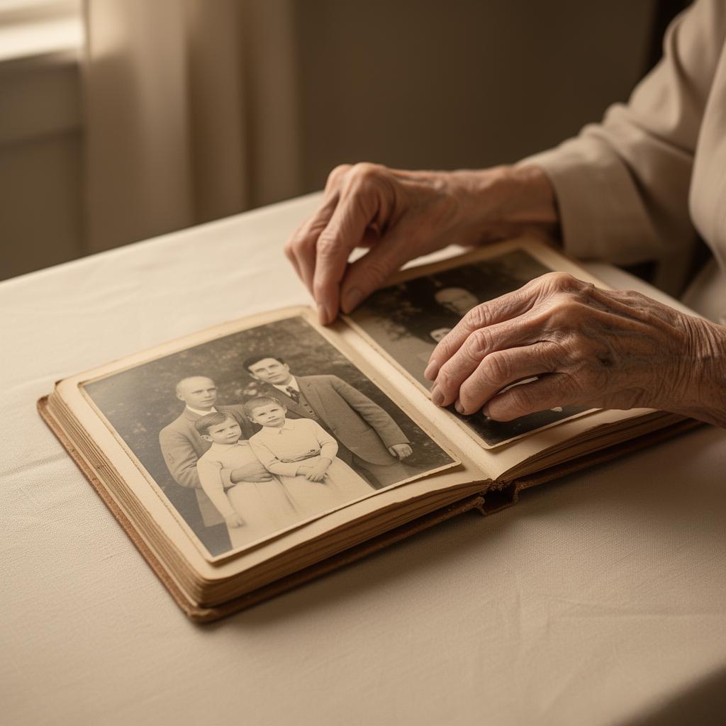 Elderly hands gently turning the page of a vintage family photo album