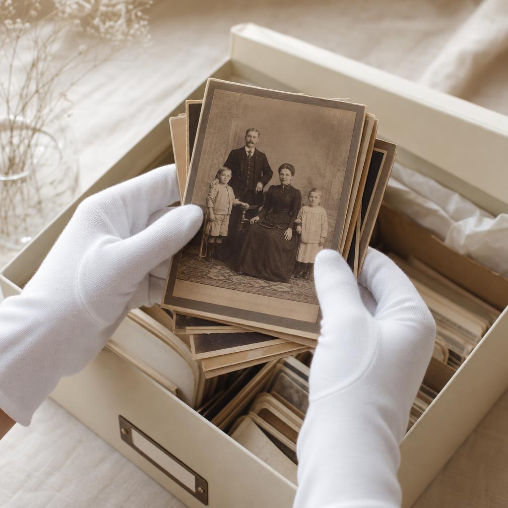 White-gloved hands carefully holding vintage photographs over an archival memory box
